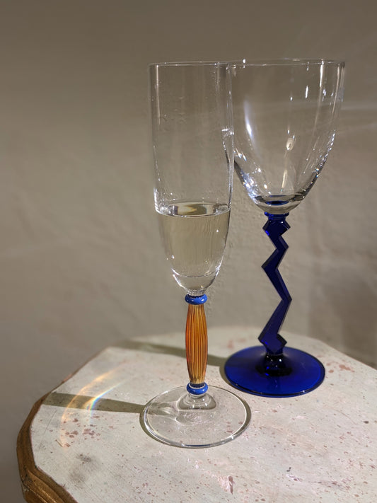 少見 ◍ 德國老杯子 ◍  Spiegelau 橘藍配水晶玻璃 香檳杯
